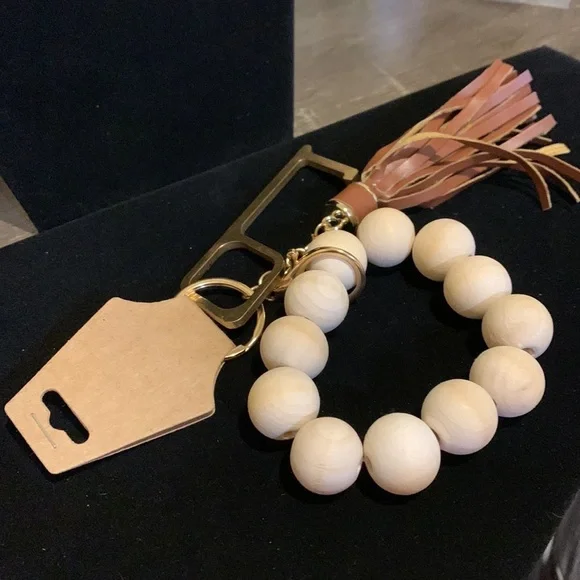 Wooden Brown and Tan Bead Wristlet Keychain with Tassel - Picture 2 of 2